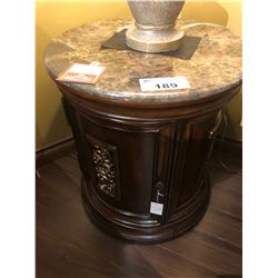 STONE TOP WITH WOOD BASE ROUND SIDE TABLE.  RETAIL $1,500.00