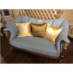 LIGHT BLUE TWO SEAT SOFA WITH WOOD TRIM AND ACCENTS, INC. THROW CUSHIONS