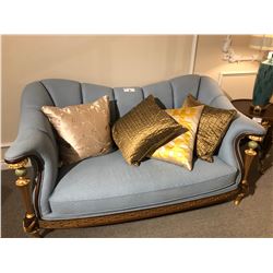 LIGHT BLUE TWO SEAT SOFA WITH WOOD TRIM AND ACCENTS, INC. THROW CUSHIONS