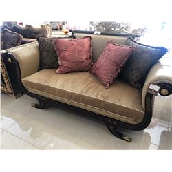 LEATHER WITH WOOD TRIM AND ACCENTS THREE SEAT SOFA WITH THROW CUSHIONS.  RETAIL $5,700.00