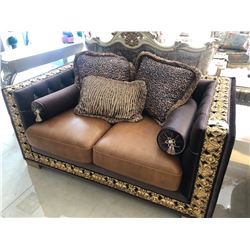 LEATHER WITH WOOD TRIM AND ACCENTS THREE SEAT SOFA WITH THROW CUSHIONS.  RETAIL $5,700.00