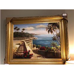 LARGE WOODEN FRAME PAINTED ARTWORK - SEASIDE RETREAT