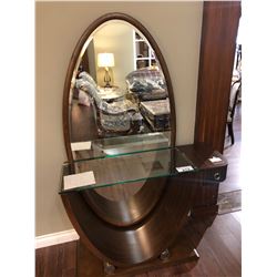 HALL TABLE WITH GLASS SHELF AND MIRROR.  RETAIL $1,200.00