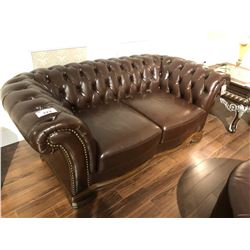 TUFTED BACK DARK BROWN LEATHER CLUB STYLE LOVESEAT AND CHAIR.  RETAIL $8,450.00