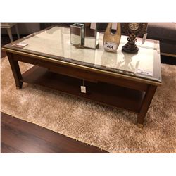 GLASS TOP COFFEE TABLE WITH DARK WOOD FRAME