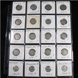 Page of 20 Mixed coins Roosevelt 10c, Liberty 5c,, Buffalo 5c
