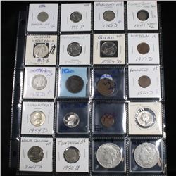 Page of 20 Mixed coins Morgan $1, Peace $1, Proof Washington 25c, Barber 10c, Jefferson5c