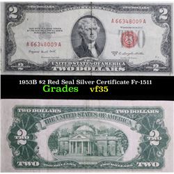 1953B $2 Red Seal Silver Certificate Fr-1511 Grades vf++