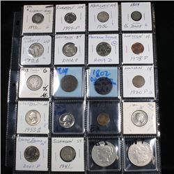 Page of 20 Mixed coins Morgan $1, Peace $1, Proof Washington 25c, Barber 10c, Jefferson5c
