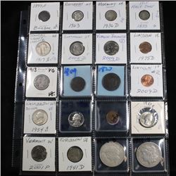 Page of 20 Mixed coins Morgan $1, Peace $1, Proof Washington 25c, Barber 10c, Jefferson5c