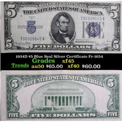 1934D $5 Blue Seal Silver Certificate Fr-1654 Grades xf+