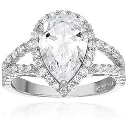 Decidance Sterling Silver CZ pear cut Halo Split Shank Eng Ring Size 6
