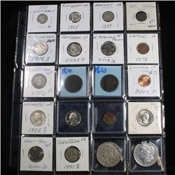 Page of 20 Mixed coins Morgan $1, Peace $1, Proof Washington 25c, Barber 10c, Jefferson5c
