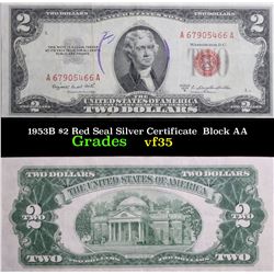 1953B $2 Red Seal Silver Certificate  Block AA Grades vf++
