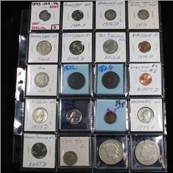 Page of 20 Mixed coins Morgan $1, Peace $1, Proof Washington 25c, Barber 10c, Jefferson5c
