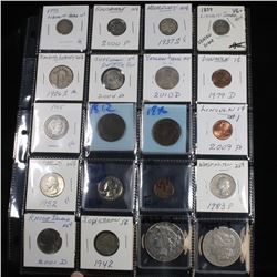 Page of 20 Mixed coins Morgan $1, Peace $1, Proof Washington 25c, Barber 10c, Jefferson5c