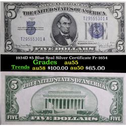 1934D $5 Blue Seal Silver Certificate Fr-1654 Grades Choice AU
