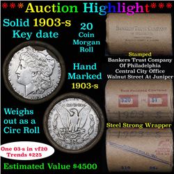 Full solid Key date 1903-s Morgan silver dollar roll, 20 coins