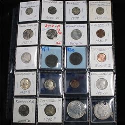 Page of 20 Mixed coins Morgan $1, Peace $1, Proof Washington 25c, Barber 10c, Jefferson5c