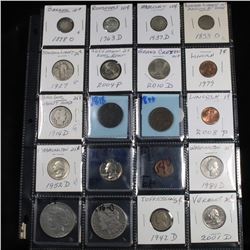 Page of 20 Mixed coins Morgan $1, Peace $1, Washington 25c, Barber 5c, Indian 1c, Buffalo 5c