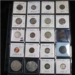 Page of 20 Mixed coins Morgan $1, Peace $1, Proof Washington 25c, Barber 5c, Indian 1c, Buffalo 5c