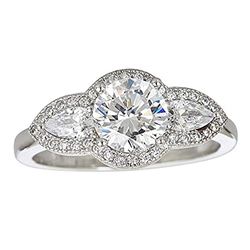 Sterling Silver 7mm Round 3 Stone Eng Ring w 3x5mm Pear Side Stones Cubic Zirconia Size 6