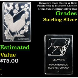 Delaware State Flower & Bird Peach Rose & Blue Hen Chicken 1.4oz .925 Sterling Silver Bar Grades
