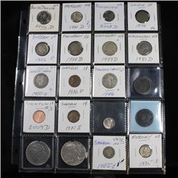 Page of 20 Mixed coins Morgan $1, Peace $1, Washington 25c, Barber 5c, Indian 1c, Buffalo 5c