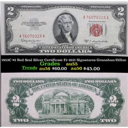 1953C $2 Red Seal Silver Certificate Fr-1621 Signatures Granahan/Dillon Grades Choice AU