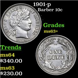 1901-p Barber Dime 10c Grades Select+ Unc