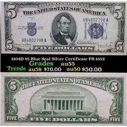 1934D $5 Blue Seal Silver Certificate FR-1652 Grades Choice AU