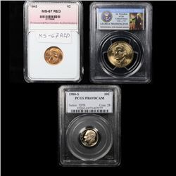 3 Slabbed Coins ( Lincoln 1c, Roosevelt 10c, Presidential $1)