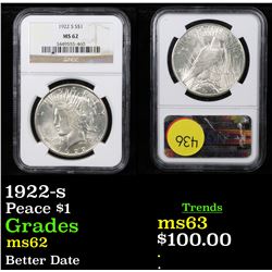 NGC 1922-s Peace Dollar $1 Graded ms62 By NGC