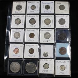 Page of 20 Mixed coins Morgan $1, Peace $1, Washington 25c, Barber 10c, Jefferson5c