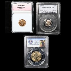 3 Slabbed Coins ( Lincoln 1c, Roosevelt 10c, Presidential $1)