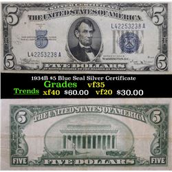 1934B $5 Blue Seal Silver Certificate  Grades vf++