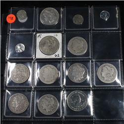 Page of 14 Mixed coins Morgan $1, Buffalo 5c, Lincoln 1c