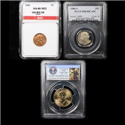 3 Slabbed Coins ( Lincoln 1c, Washington 25c, Presidential $1)