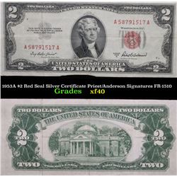 1953A $2 Red Seal Silver Certificate Priest/Anderson Signatures FR-1510 Grades xf