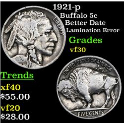 1921-p Buffalo Nickel 5c Grades vf++
