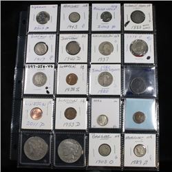 Page of 20 Mixed coins Morgan $1, Peace $1, Washington 25c, Barber 10c, Jefferson5c