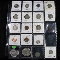 Page of 20 Mixed coins Morgan $1, Peace $1, Washington 25c, Barber 10c, Jefferson5c
