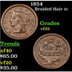 1854 Braided Hair Large Cent 1c Grades vf+
