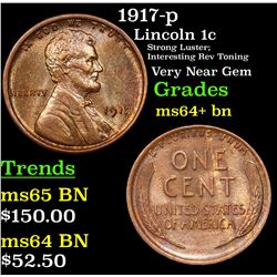1917-p Lincoln Cent 1c Grades Choice+ Unc BN