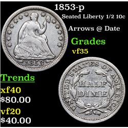 1853-p Seated Liberty Half Dime 1/2 10c Grades vf++