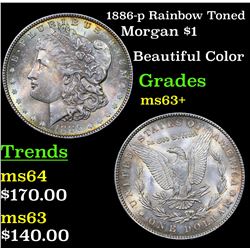 1886-p Rainbow Toned Morgan Dollar $1 Grades Select+ Unc