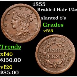 1855 Braided Hair Half Cent 1/2c Grades vf++
