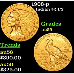 1908-p Gold Indian Quarter Eagle $2 1/2 Grades Choice AU