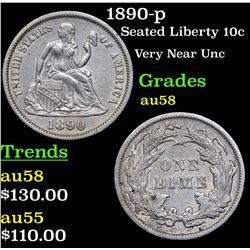 1890-p Seated Liberty Dime 10c Grades Choice AU/BU Slider