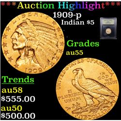 ***Auction Highlight*** 1909-p Gold Indian Half Eagle $5 Graded Choice AU By USCG (fc)